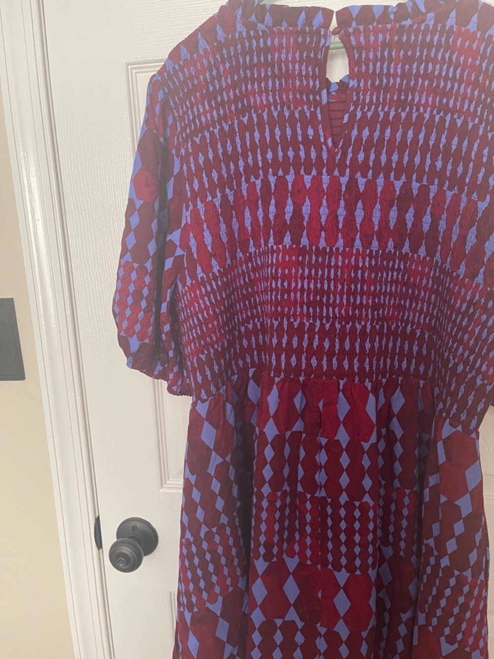 NWOT...Sugarlips Burgundy and Periwinkle Geometric Smocked Mini Dress - Picture 7 of 7